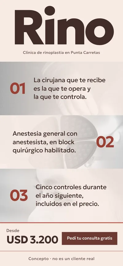 Concepto de reforma.do, no es un cliente real: la web de una clínica de rinoplastia en el celular, con el nombre Rino en grande arriba, tres bloques numerados sobre fotos claras en tono rosado que cuentan quién opera, qué anestesia se usa y cuántos controles entran, y abajo el precio desde USD 3.200 con el botón de consulta