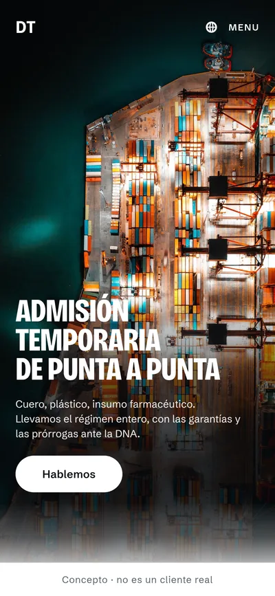 Concepto de reforma.do, no es un cliente real: la web de un despachante de aduana en el celular, con la terminal de contenedores de noche vista desde arriba ocupando toda la pantalla, el titular ADMISIÓN TEMPORARIA DE PUNTA A PUNTA y el botón Hablemos