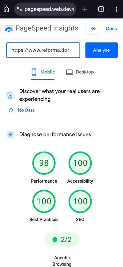 Informe de PageSpeed de reforma.do en el celular: 98 en rendimiento y 100 en accesibilidad, prácticas y SEO