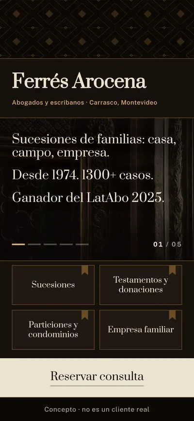Concepto de reforma.do, no es un cliente real: la web de un estudio de abogados y escribanos de Carrasco en el celular, con el nombre del estudio arriba, el argumento sobre sucesiones de familias sobre una foto oscura de madera tallada y las cuatro áreas de trabajo abajo