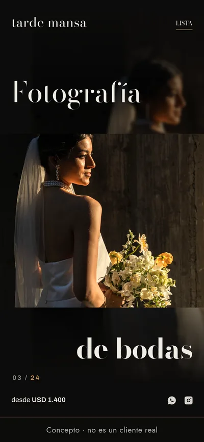 Concepto de reforma.do, no es un cliente real: la web de un fotógrafo de casamientos en el celular, con la foto de la novia a plena luz en el medio de la pantalla, el precio desde USD 1.400 y los enlaces a WhatsApp e Instagram