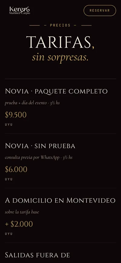 keren.uy en el celular: tarifas de novia y a domicilio con su precio