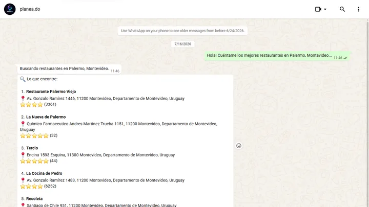 planea.do en WhatsApp Web: el asistente busca restaurantes en Palermo, Montevideo, con dirección y puntaje
