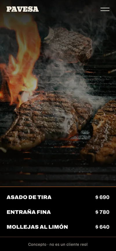 Concepto de reforma.do, no es un cliente real: la web de una parrilla en el celular, con la carne sobre las brasas ocupando casi toda la pantalla, el nombre arriba a la izquierda y el principio de la carta con tres precios abajo